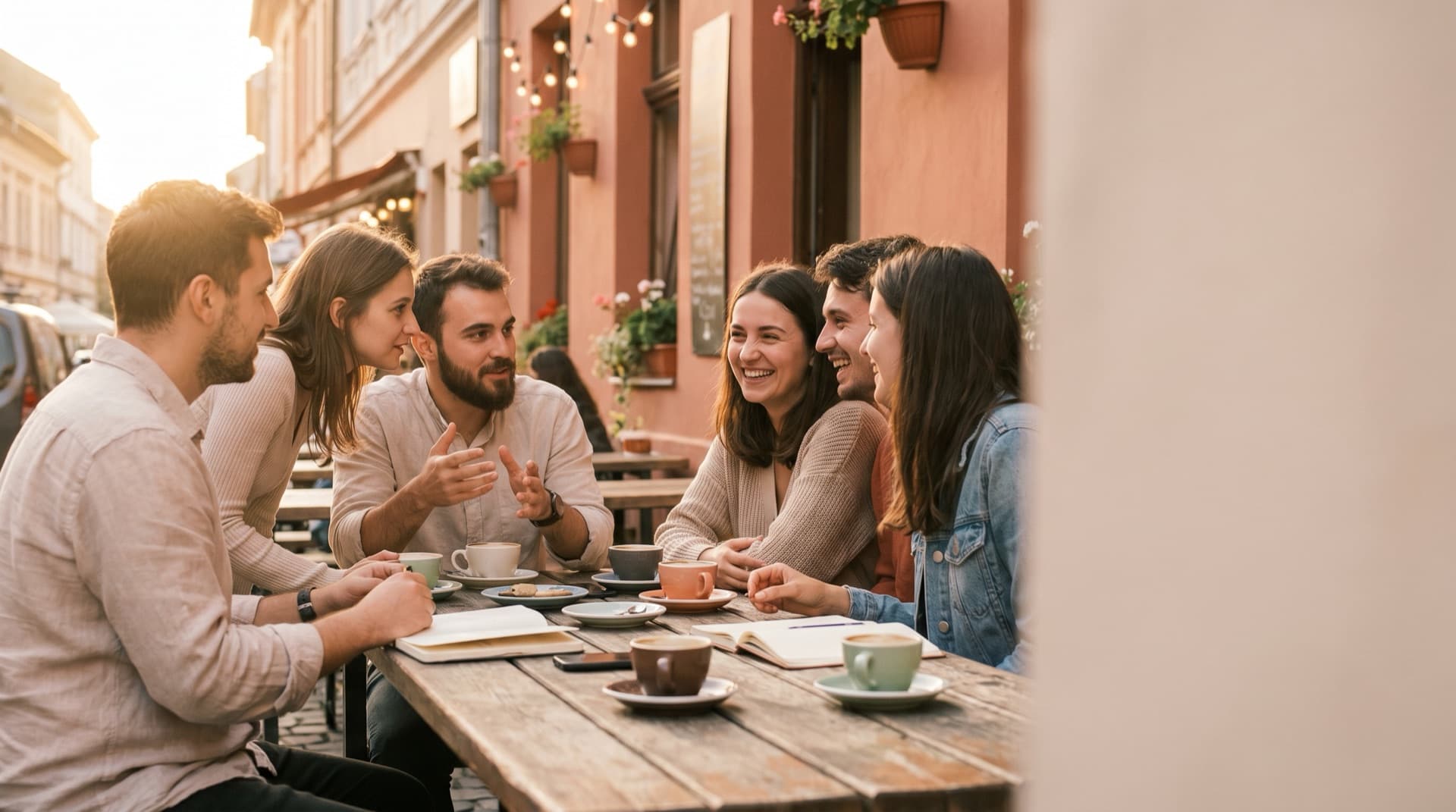Friends laughing together around a café table